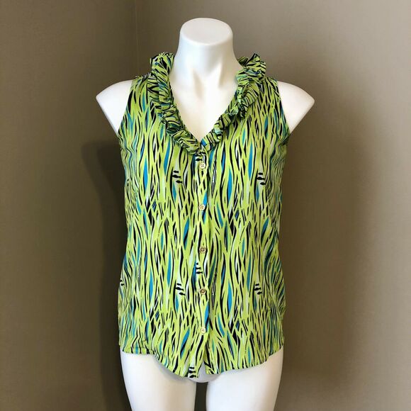 Lilly Pulitzer Silk Sleeveless Top 0 Green Blue Ruffle Button Front - Picture 4 of 11